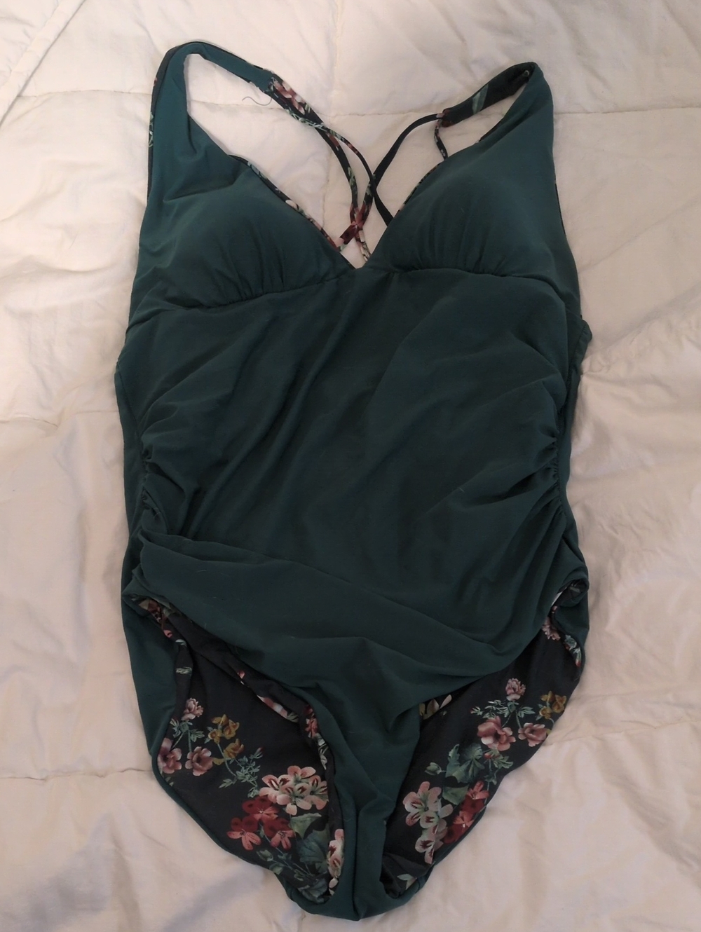 Women’s Teal Green And Floral Reversible Pattern One-Piece Swimsuit